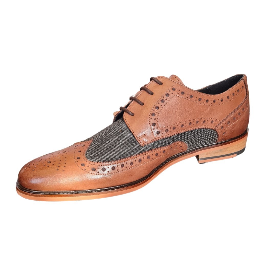 Wing cap brouge leather with textile shoes (Brown/Grey)