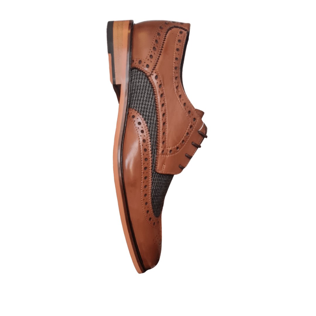 Wing cap brouge leather with textile shoes (Brown/Grey)